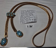 Vtg Unsigned Jomaz ? Lariat or Slider Necklace w Turquoise Blue Rhinestones 185