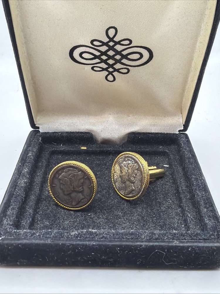 Vintage Silver Mercury Dime Cufflinks Winged Liberty Head Gold Tone Rope Frame