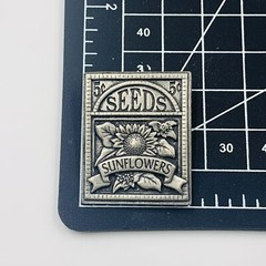 Vintage BIRDS and BLOOMS Signed Brooch Sunflower Seeds Packet Pewter Tone Pin