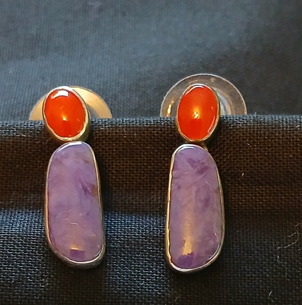 Vintage Silver Tone Southwestern Earrings Red & Purple Cabochon Bezel Dangle