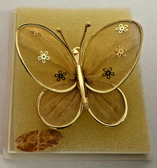 Vintage Gold Butterfly Brooch Set, Flowers On Wings, Earrings, Pin