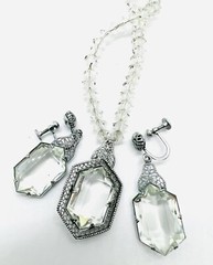 Art Deco Faceted Glass Rhodium Filigree Necklace & Earrings Vintage Jewelry