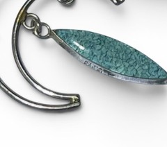 Vintage Alpaca Mexico Modernist Double Crescent Turquoise Inlay Dangle Earrings