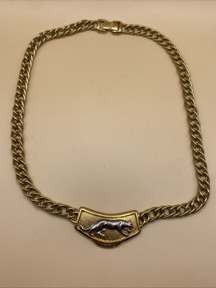 Vintage Jackie Collins Panther NECKLACE Gold Silver Tone Collar Jewelry 17″ long