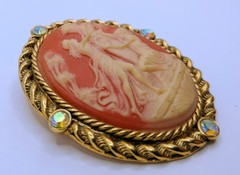 Vintage Figural Cameo Brooch Pendant Classical Scene AB Rhinestones Gold Tone