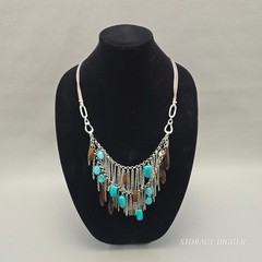 VTG Turquoise And Brown Crystals Silver Chains Leather Cord Necklace 30″ Long