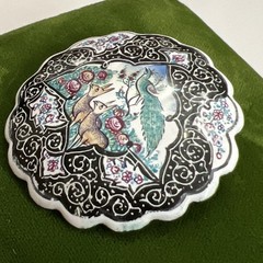 Antique 1900s Persian Middle Eastern Enamel Painted Pin Brooch Peacock Deer