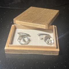 Vintage Rock Crystal Cufflinks “Hexagon” W/Original Wooden Box/unmarked/silver