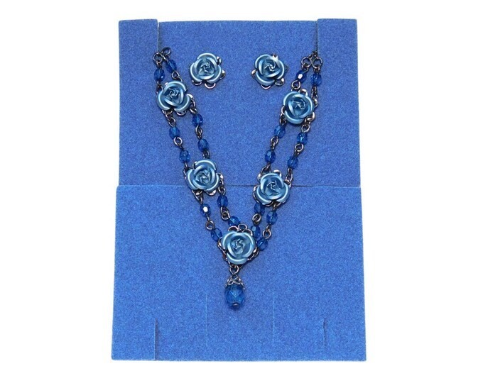 Vintage Blue Rose Necklace and Earrings Gift Set Boxed Avon 2003