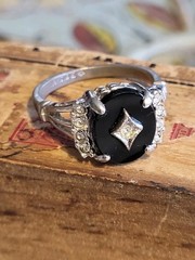 Vintage Black Onyx 18KT GE Silver Clear CZ Crystal Ring Size 9mm Art Deco