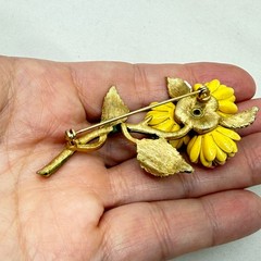 Vintage Enamel Flower Brooch Yellow Pink Green Floral Mid Century Botanical 3″