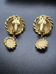 Gold Tone Floral Brooch Earrings Set Statement Purple Blue Green Dangle Drop
