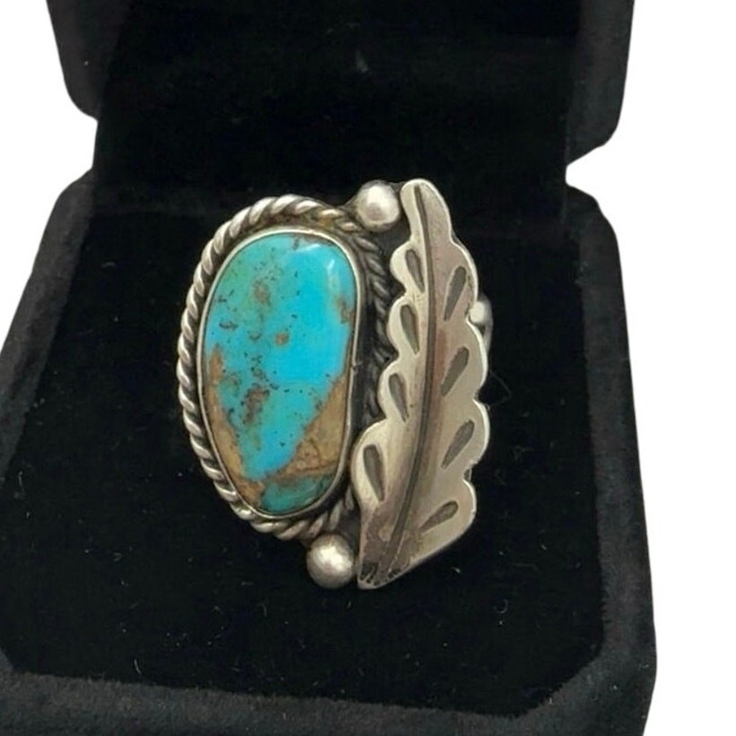Vintage Handmade Sterling Silver Natural Turquoise Feather Ring Size 6 3/4