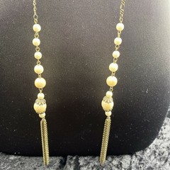 Vintage Flapper 20s Style Lariat Open 56 in Chain Faux Pearl Necklace Tassel