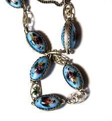 Vintage Russian Enamel Painted Jewelry Set Earrings & Double-Sided Necklace #61