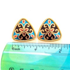 Vintage Avon 1988 Gold Tone Blue Enamel Aztec Mosiac Triangle Enamel Earrings