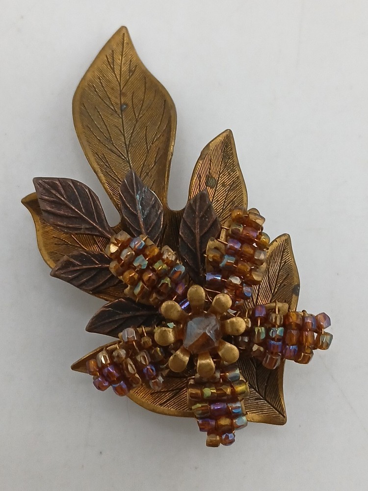 CARA STIMMEL LTD 1987 vintage wired seed beads etched brass leaves flower brooch