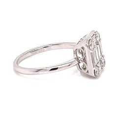 WIDE .99CT DIAMOND 18KT WHITE GOLD ROUND & BAGUETTE 3D FILIGREE ENGAGEMENT RING