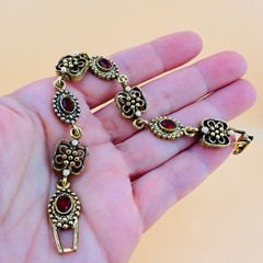 Vintage Victorian Revival Bracelet Red Rhinestone Gold Tone Faux Seed Pearl 6.2″