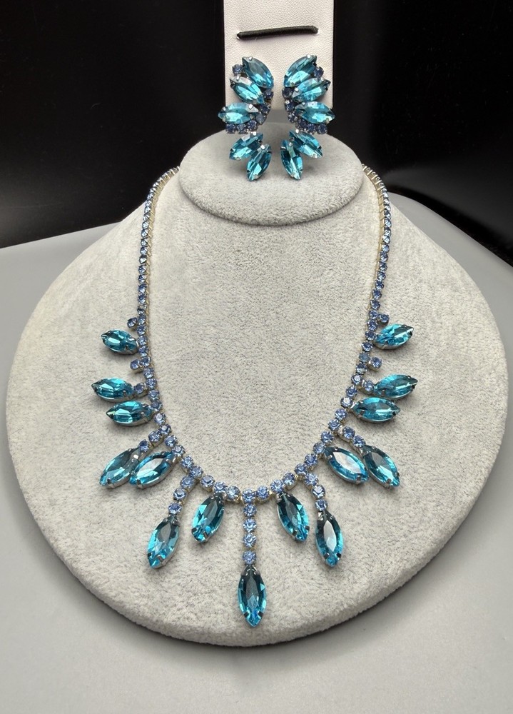 Necklace & Clip On Earrings Set Aqua Blue Rhinestone Fringe Style VTG 17” 50-60s