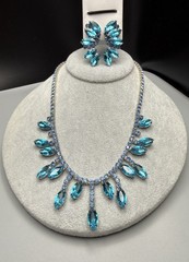 Necklace & Clip On Earrings Set Aqua Blue Rhinestone Fringe Style VTG 17” 50-60s