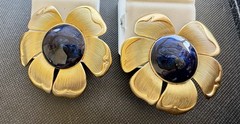Vintage Clip Earrings Huge Flower Blue Cabochon Flower Statement Gold Tone 80s