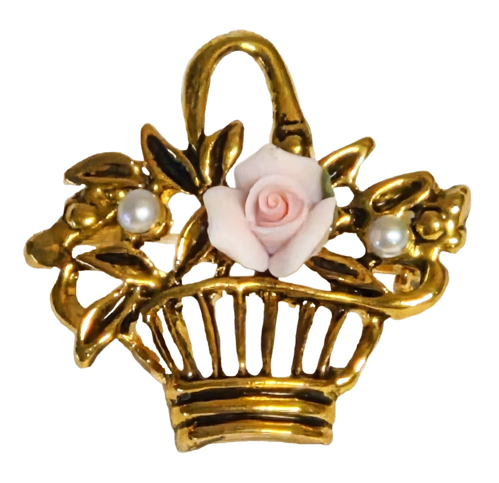 Vintage Gold Tone Pink Ceramic Carved Rose Glass Pearls Flower Basket Brooch