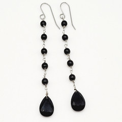 Black Onyx Bead Shoulder Duster Long Linear Silver Tone Pierced Hook Earrings