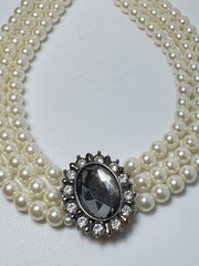 Vintage 3 Strand Faux Pearl Choker Necklace Smoky Rhinestone Gunmetal Clasp