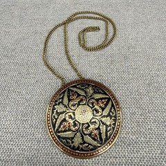 Vintage Necklace Toledo Style Pendant Black Enamel Gold Tone Intricate Design
