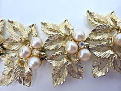 JUDY LEE Bracelet Earrings Set Gold Leaves w/Faux Pearl Clusters AB Accents