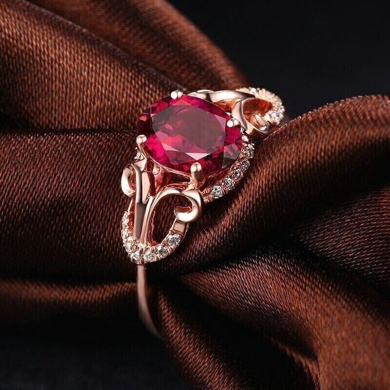 2CT Oval Cut Lab Created Diamond & Pink Ruby Engagement 14K Rose Gold FN Ring