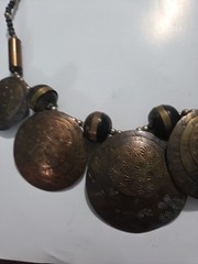 Vtg. Brass, Copper? Wood Beads Tribal Necklace, Large Round Disks