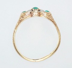Pretty Antique Victorian 15K Gold Turquoise Pearl Floral Engraved Ring 1869 5.75