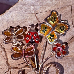 Vintage KC Signed Silver Tone Flowers Butterfly Bee Ladybug Brooch Pin