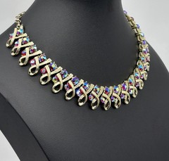 Vintage Mid Century Necklace Ribbon Link Design Gold Tone AB Rhinestone Unsigned