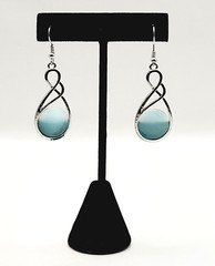 Sky Blue Round Glass Silver Tone Open Metal Drop Dangle Pierced Hook Earrings