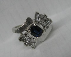 ANTIQUE 14K SOLID WHITE GOLD .76 CT. SAPPHIRE & BAGUETTE NATURAL DIAMOND RING