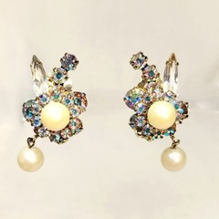 Juliana D&E Faux Pearl Bead AB Rhinestone Brooch Earring Book Piece Vtg Heirloom