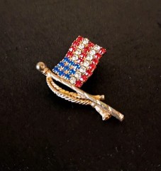 Vintage Red-White-Blue Rhinestone American Flag Pin w/Gold Tassel