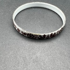 Vintage Enamel Bangle Bracelet White Red Brown Folk Art Bird Floral Boho Retro