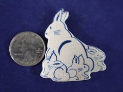 Bunny Rabit Family BROOCH Pin Blue & White Artist Signed