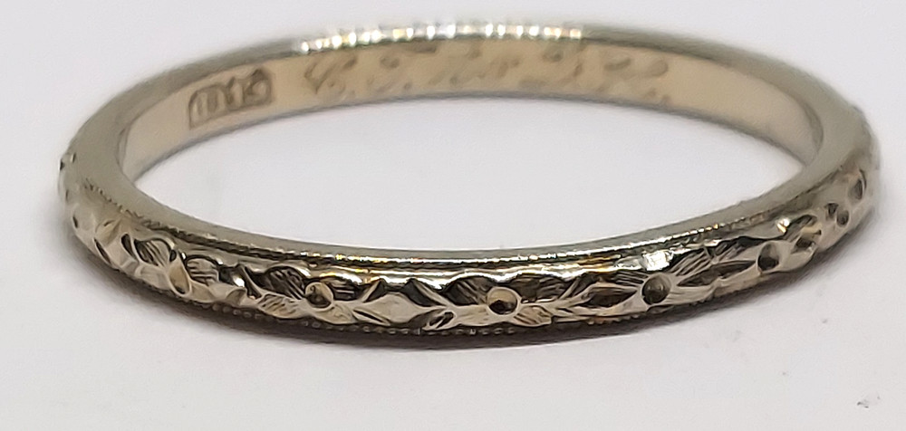18k White Gold Art Deco wedding Band Ring forget me not flower eternity antique