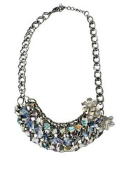 Vtg Gold Tone Chain Link Woven Cloth Metal Flower Bib Necklace Imitation Pearl