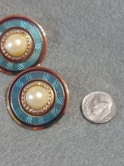 Vintage Earrings Signed Nuri Blue Enamel,”Neo Deco” Design Faux Pearl Rhinestone