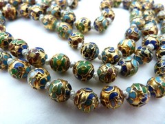 32″ LONG VINTAGE CHINESE GOLD BLUE GREEN RED CLOISONNE ENAMEL HAND KNOT NECKLACE