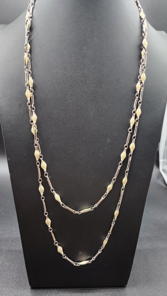 VTG Les Bernard Necklace Goldtone Cream Enamel 48″ Long Signed