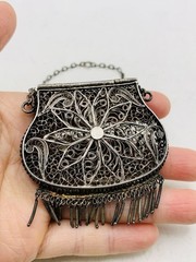 Antique Silver Tone Intricate Filigree Swirl Flower Coin Perfume Purse Pendant