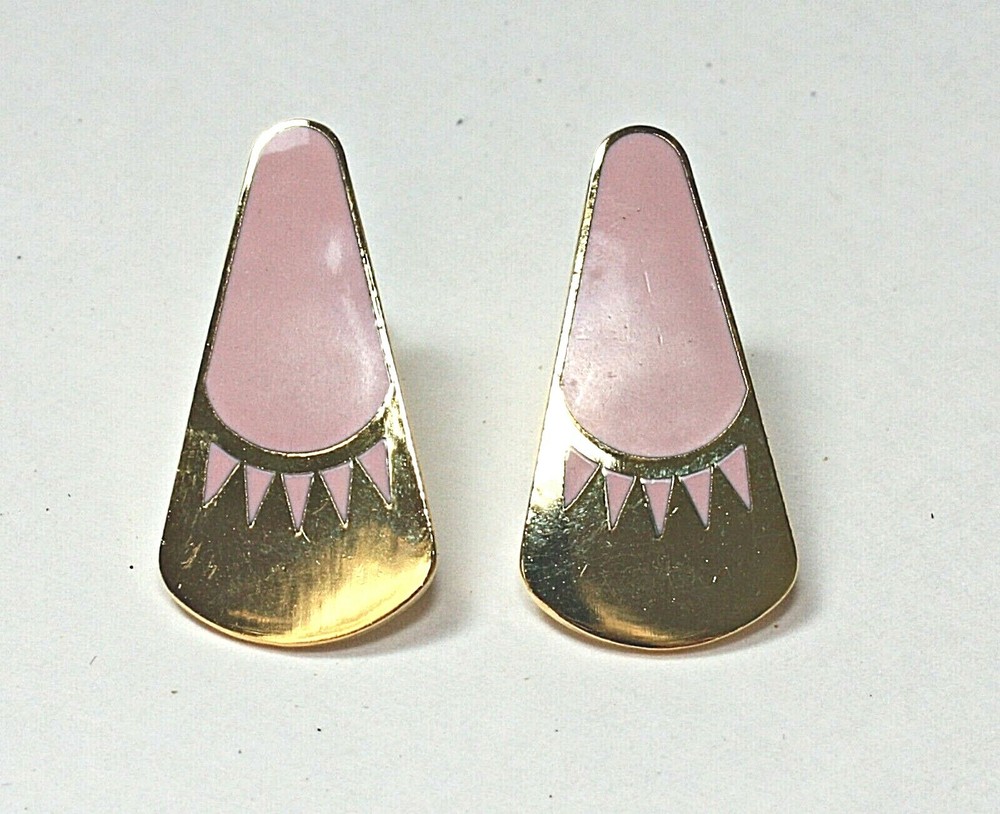 VTG New SAMUEL HUANG Dangling Earrings Gold Filled Earwire Pink Enamel ~ ESTATE