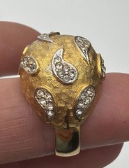 Vintage Gold Tone Dome Ring Textured Metal Teardrop Rhinestone Accents Statement